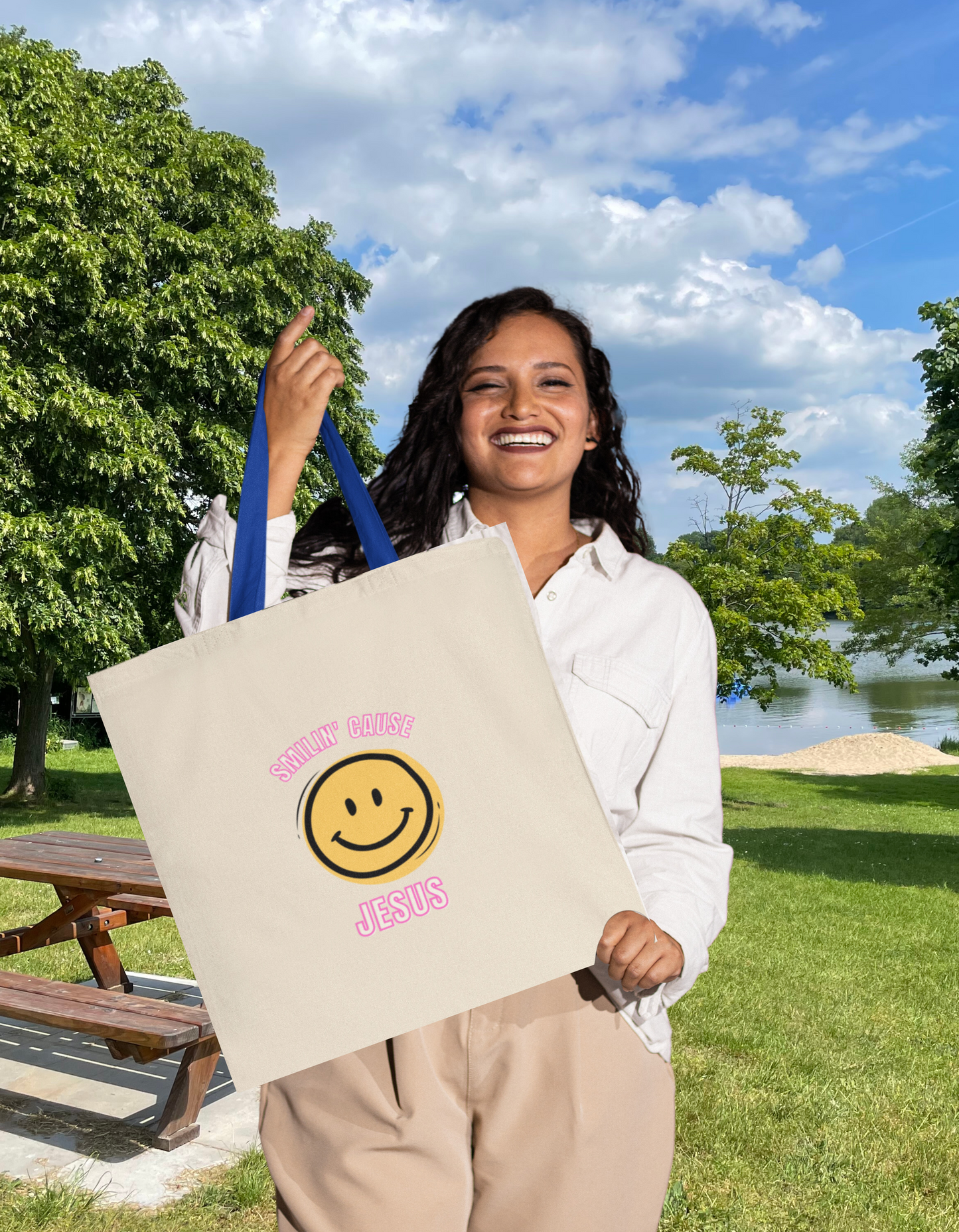 Smilin' cause Jesus- Premium Canvas Tote